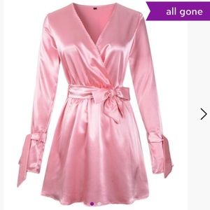 Pink Satin V-neck Belted Surplice Dress Womens Small